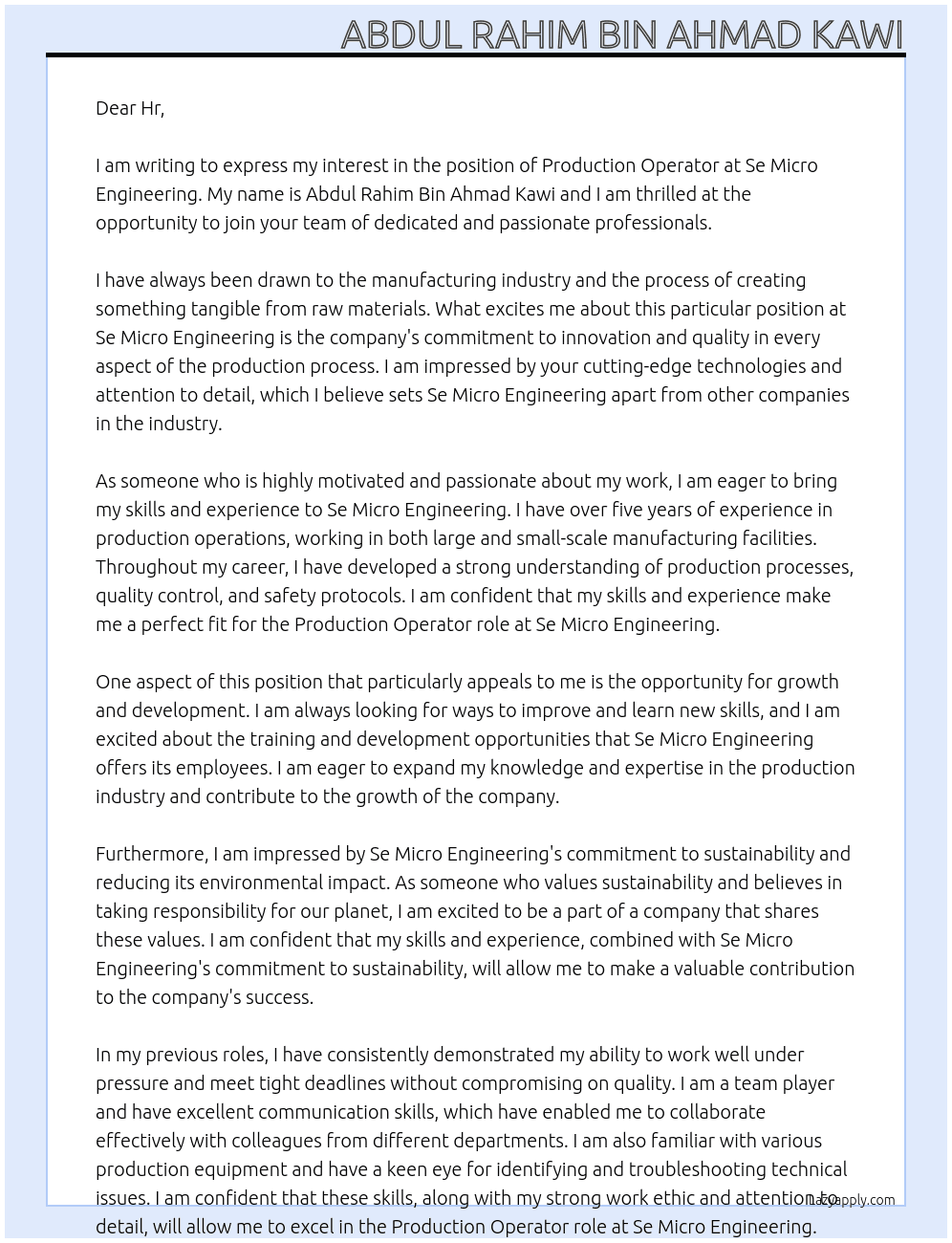 Production Operator At Se Micro Engineering Cover Letter