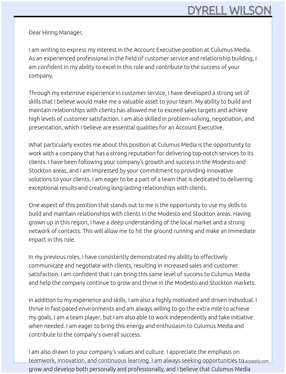 Account Executive  At Culumus Media Cover Letter