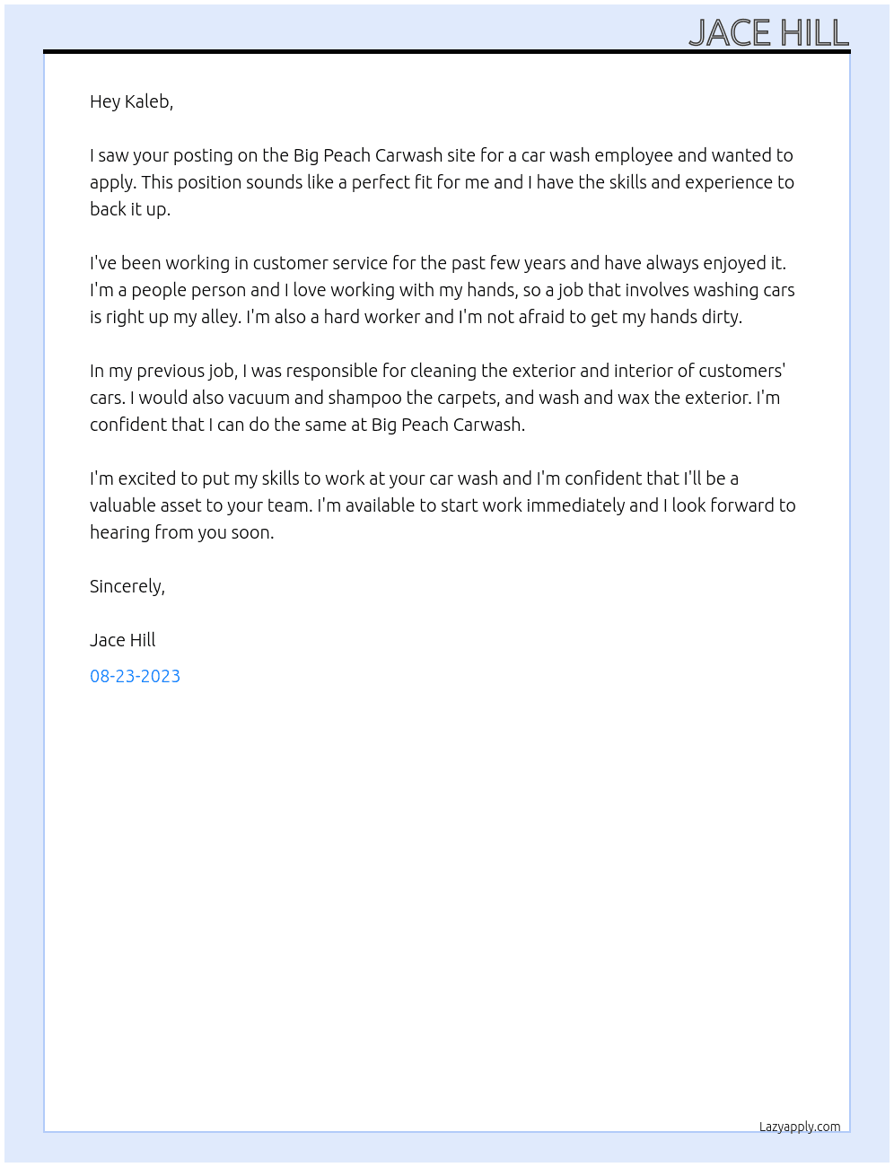 Car Wash Employee At Big Peach Carwash Cover Letter
