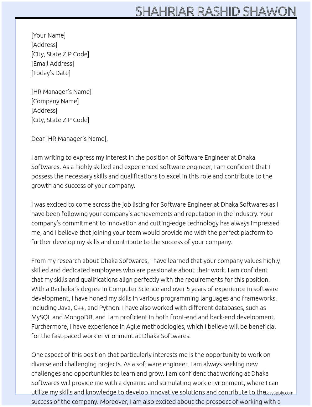 Software Engineer At Dhaka Softwares Cover Letter