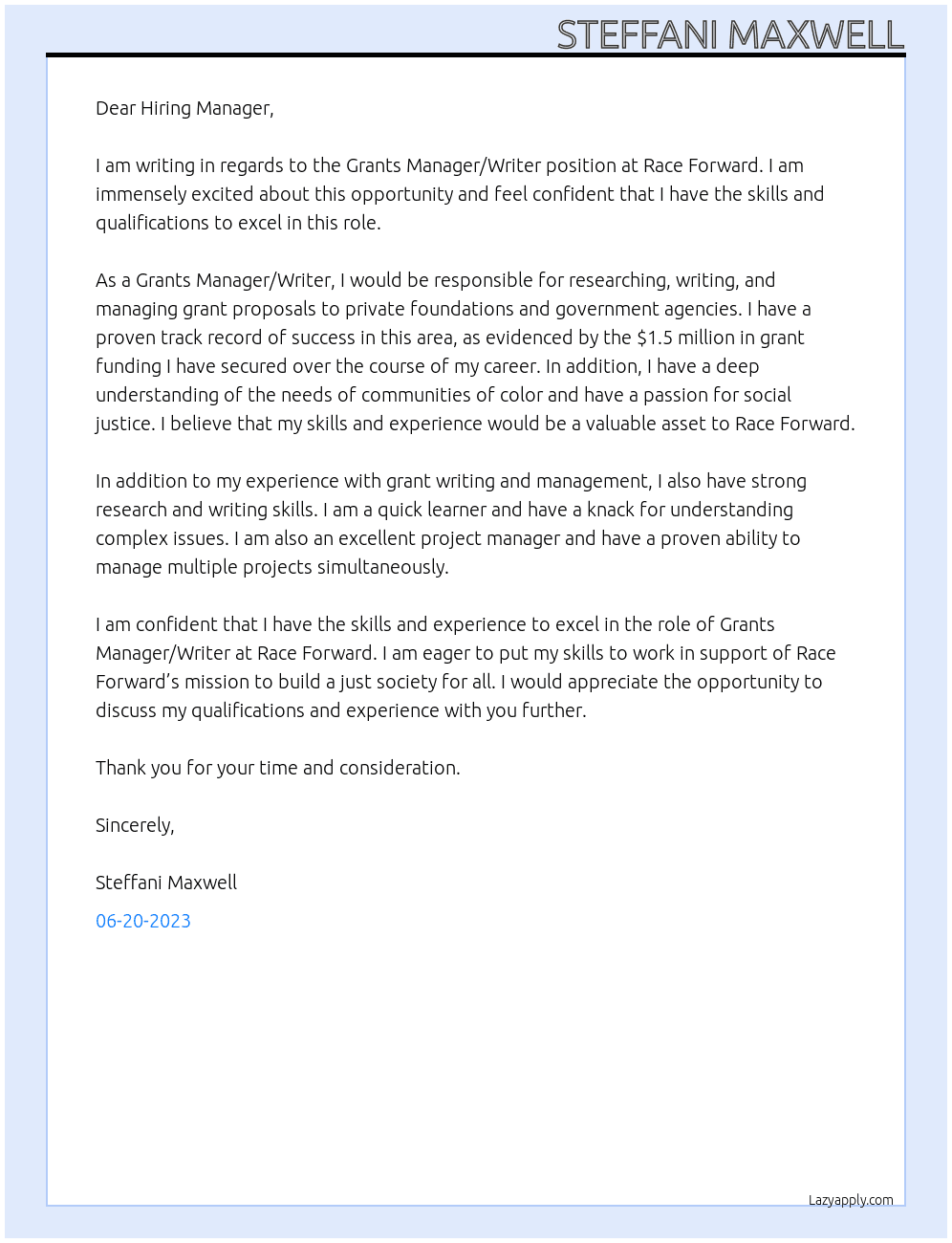 Grants Manager/Writer At Race Forward Cover Letter