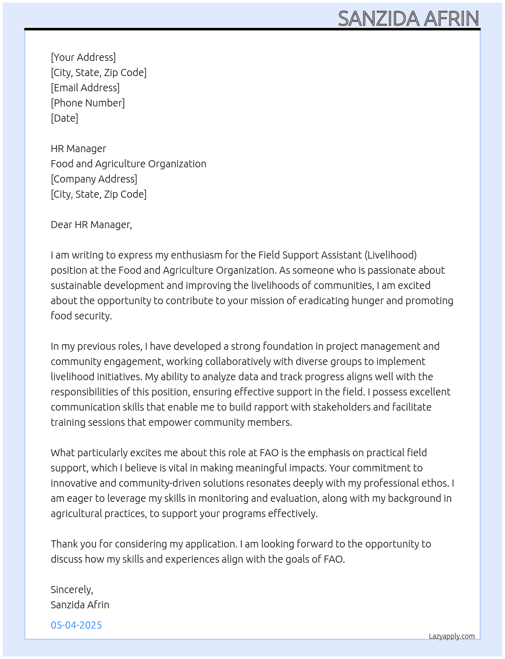 Field support Assistant (Livelihood) At Food and Agriculture Organization Cover Letter