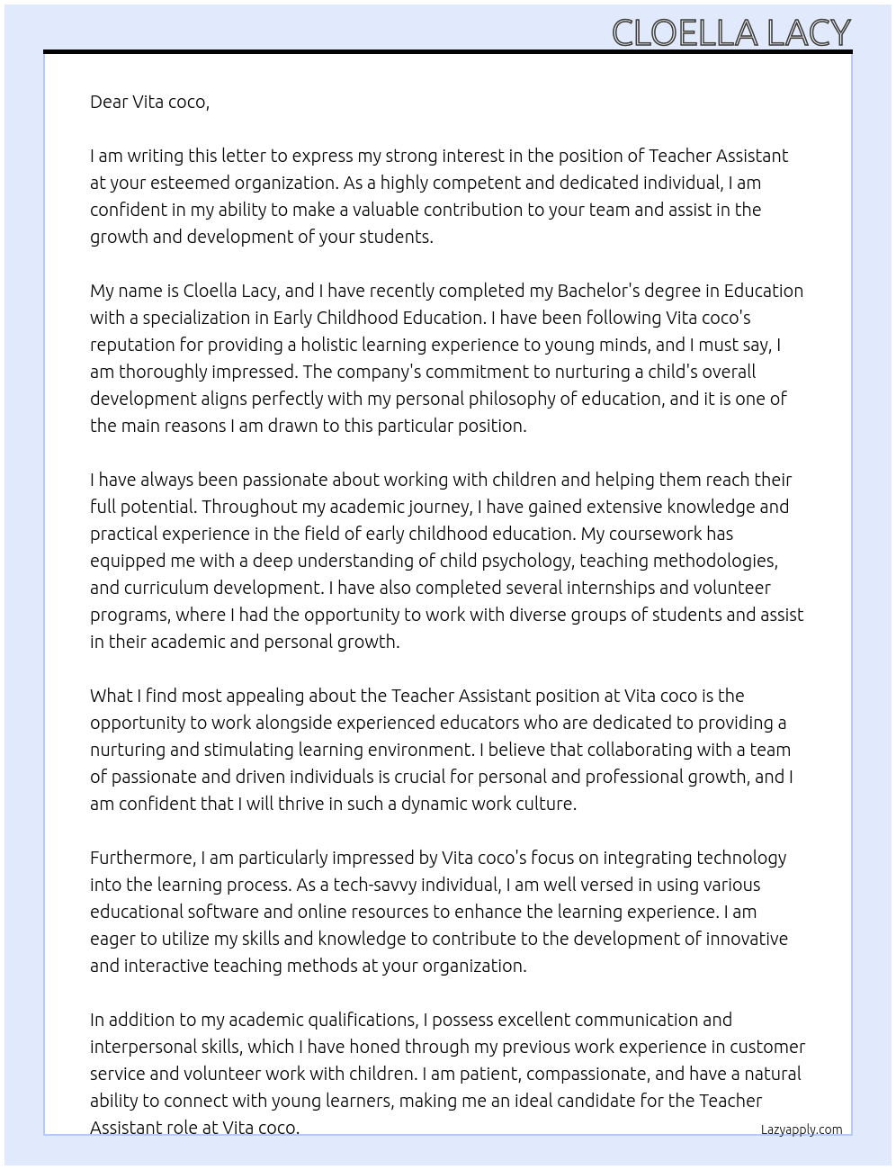 Teacher assistant  At Vita coco Cover Letter