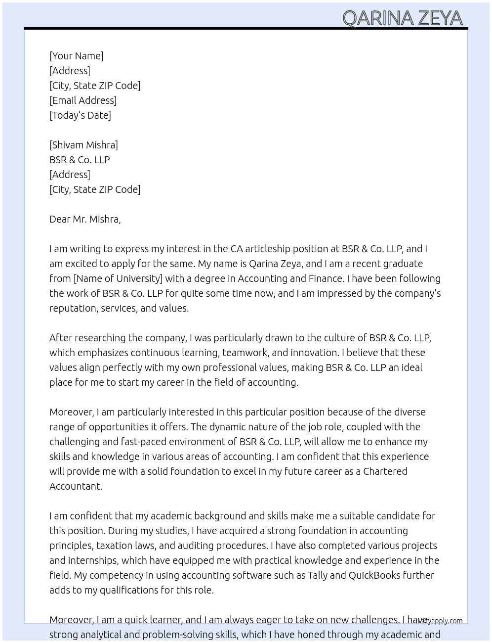 CA articleship  At BSR & Co. LLP  Cover Letter