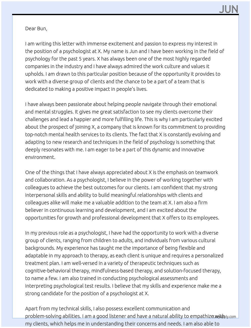 psychologist At x Cover Letter