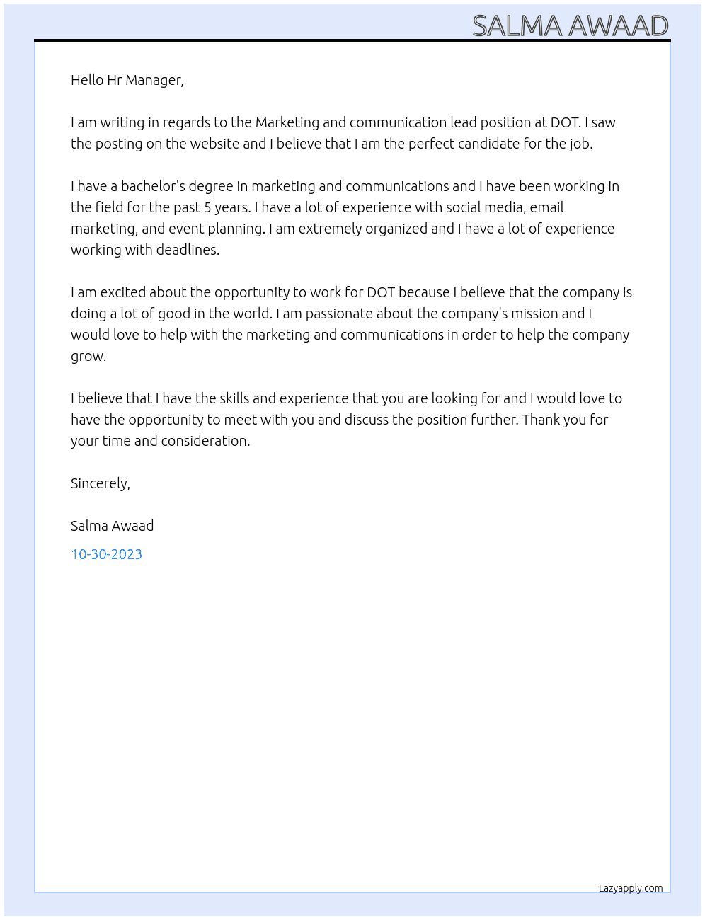 Marketing and communication lead At DOT Cover Letter