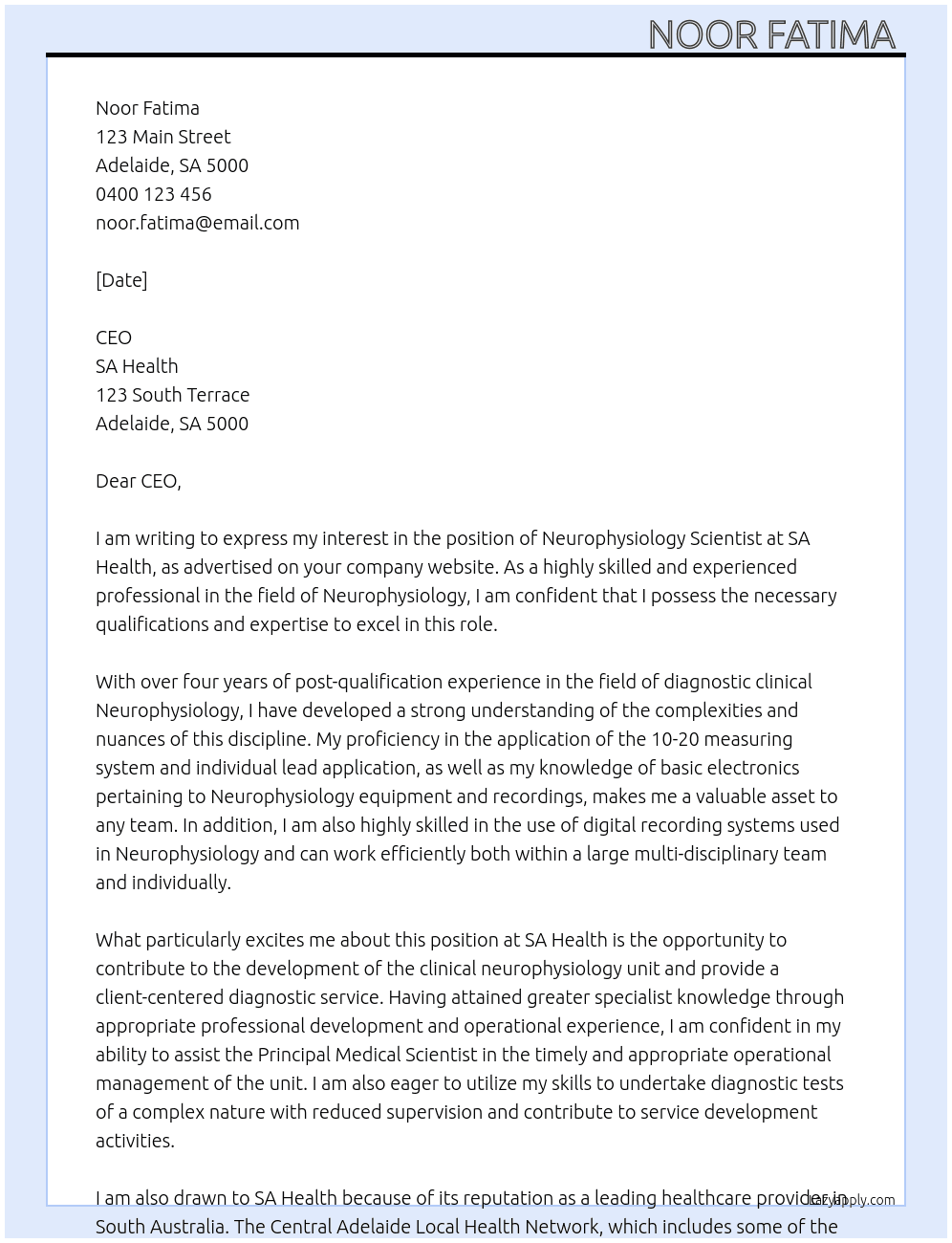 Neurophysiology Scientist  At SA health  Cover Letter