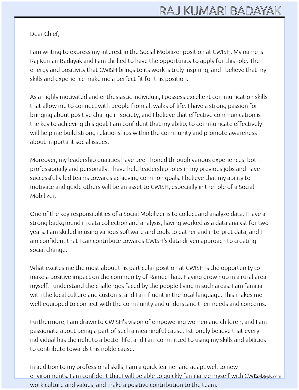 social movilizer At CWISH Cover Letter