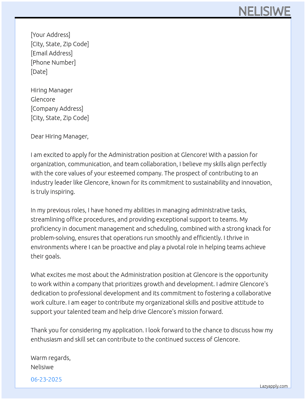 Administration  At Glencore Cover Letter