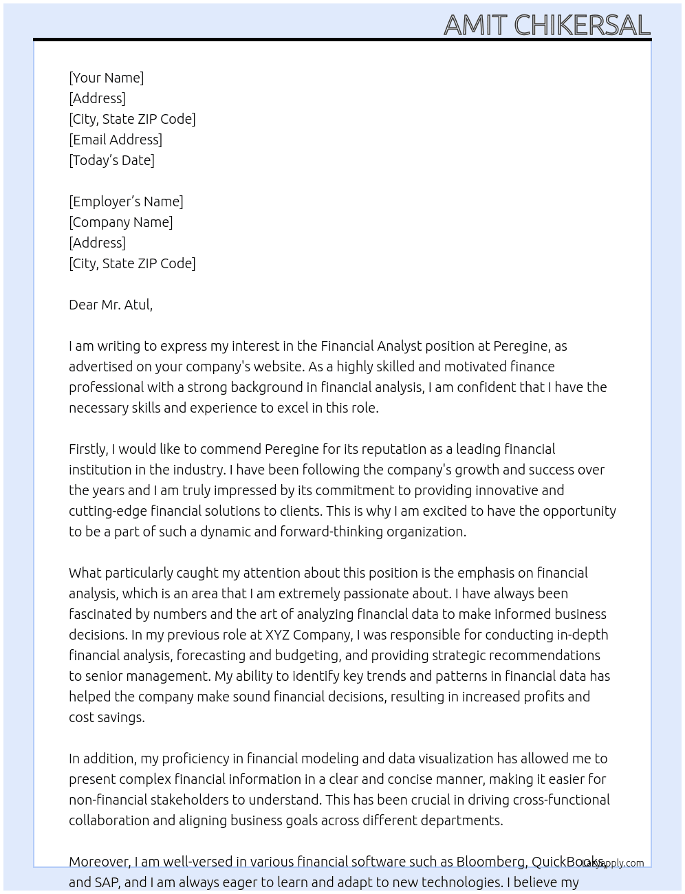 Financial analyst At Peregine Cover Letter