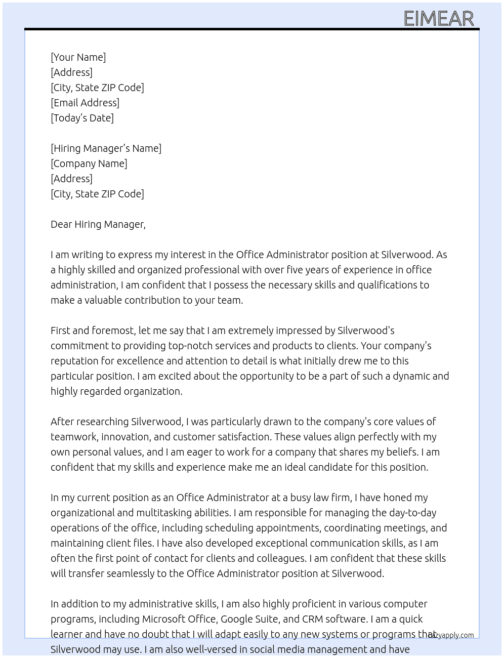 Office Administrator  At Silverwood  Cover Letter