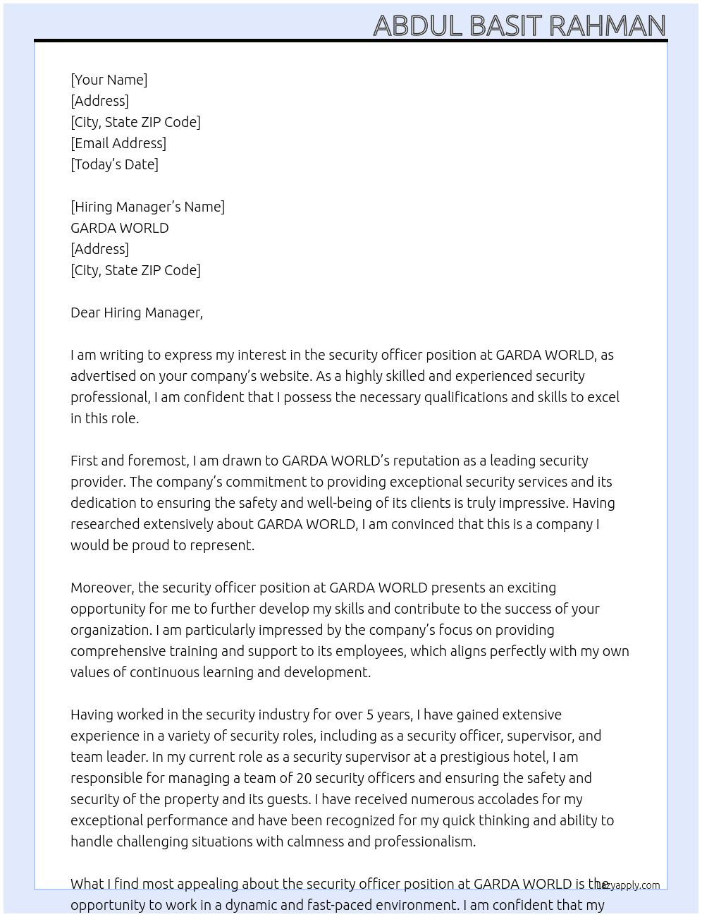 security officer  At GARDA WORLD Cover Letter