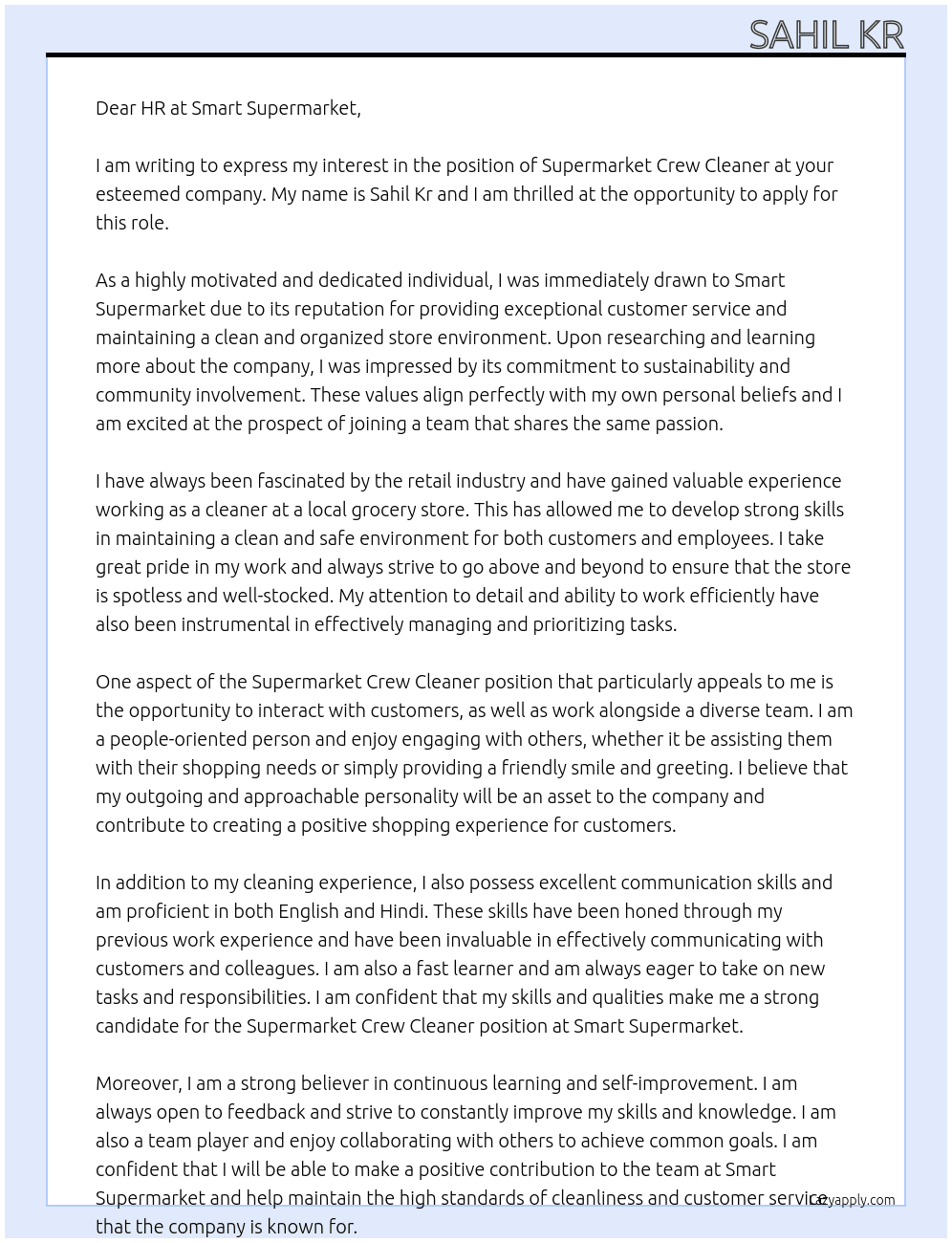 Supermarket crew ,cleaner At Smart supermarket Cover Letter