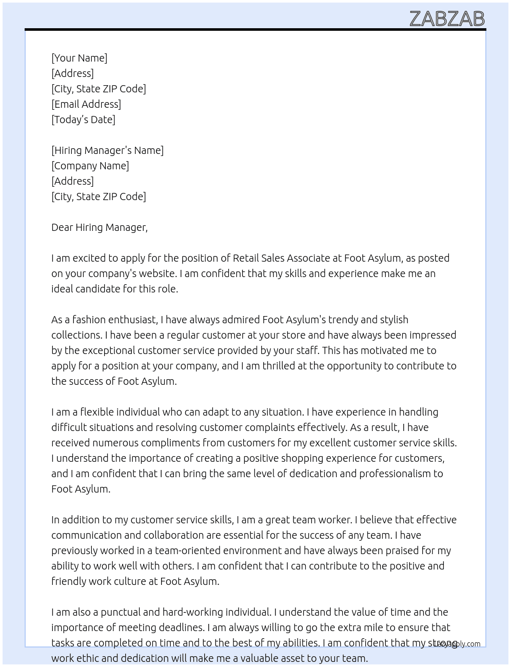 Retail At Foot asylum  Cover Letter
