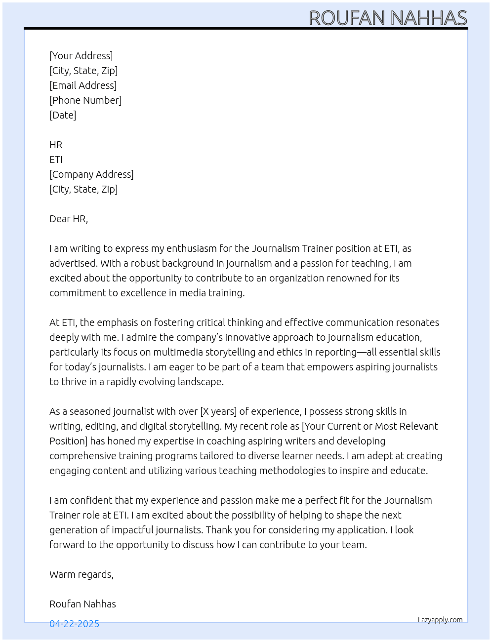 Cover letter for journalism trainer - LazyApply