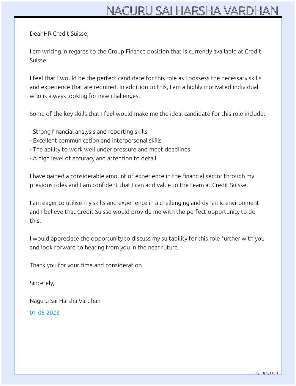 Griup Finance  At Credit Suisse  Cover Letter