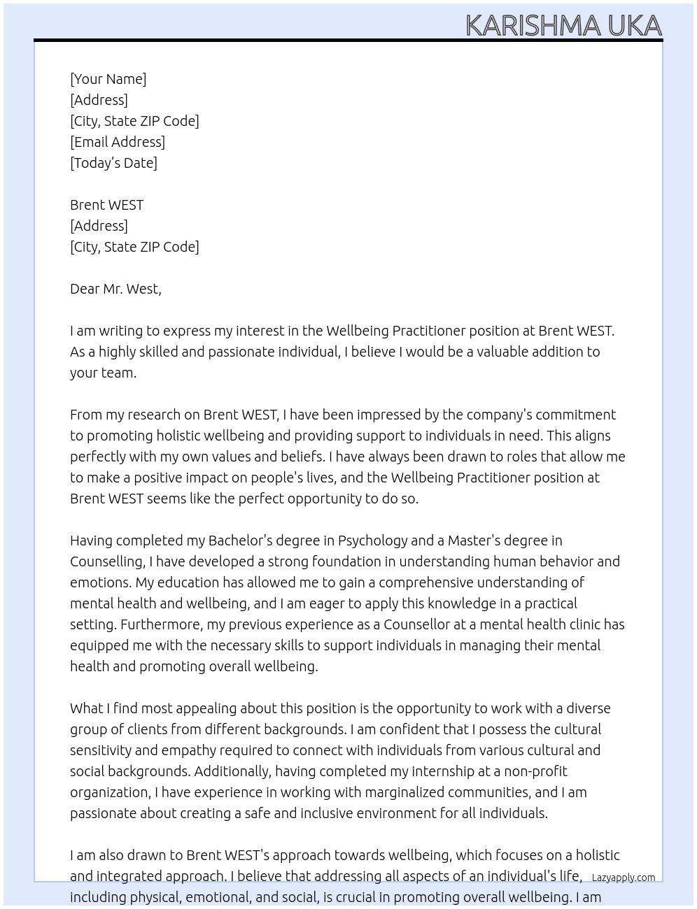 Wellbeing Practitioner  At Brent WEST Cover Letter