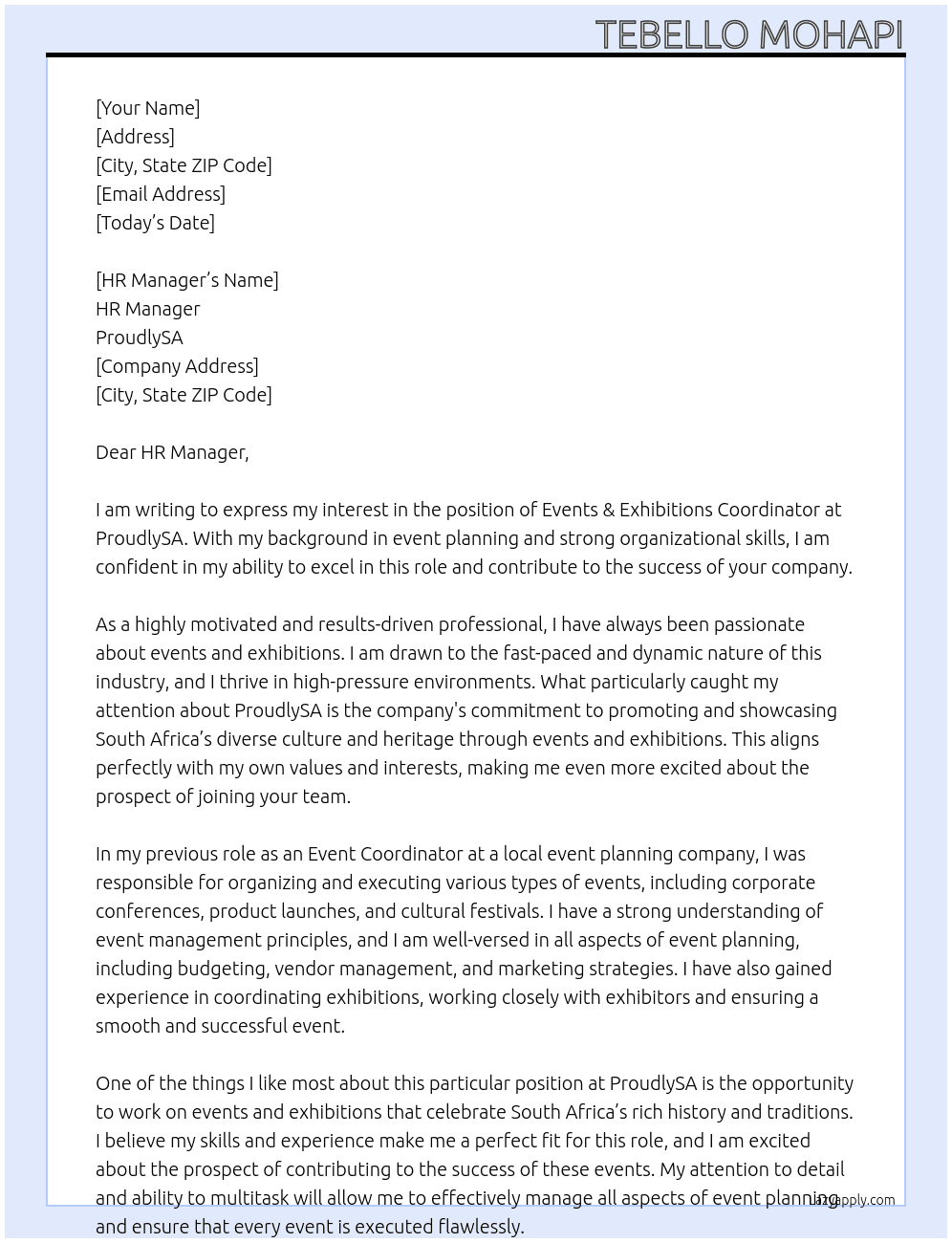 Events & Exhibitions Coordinator At ProudlySA Cover Letter