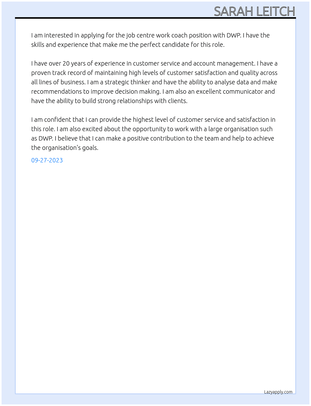 Job Centre Work Coach - Universal Credit Job centre Work Coach (Executive Officer) At DWP Cover Letter