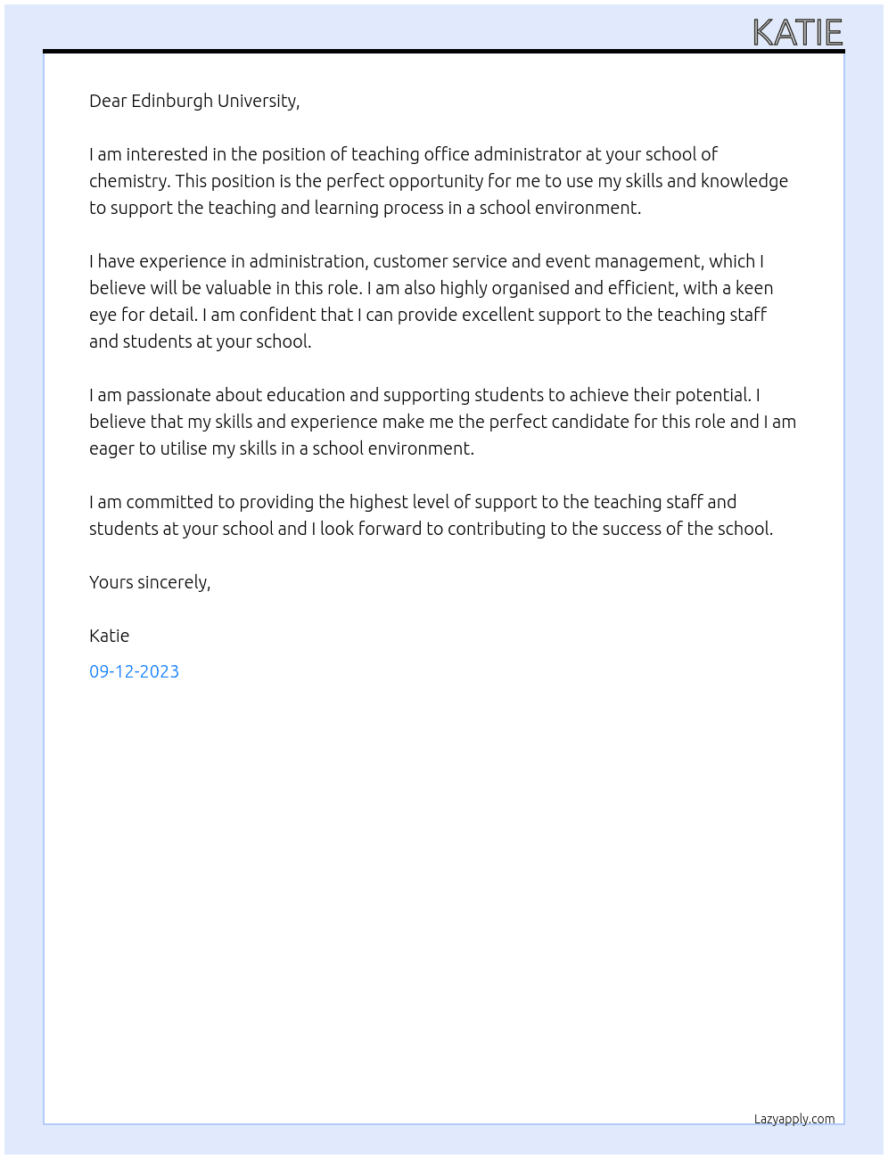 Teaching Office Administrator  At Edinburgh University Cover Letter
