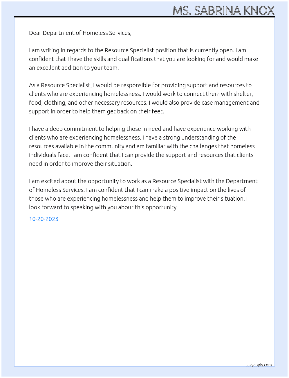 Resource Specialist At DEPT. OF HOMELESS SERVICES Cover Letter