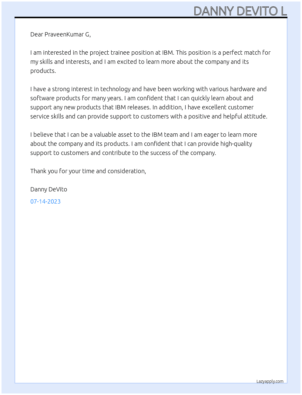 project trainee At IBM Cover Letter