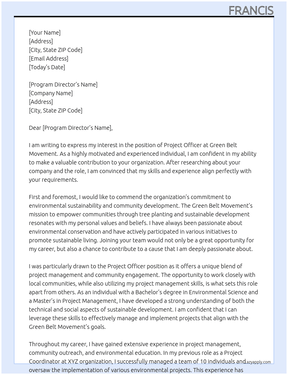 project officer At green belt movement Cover Letter
