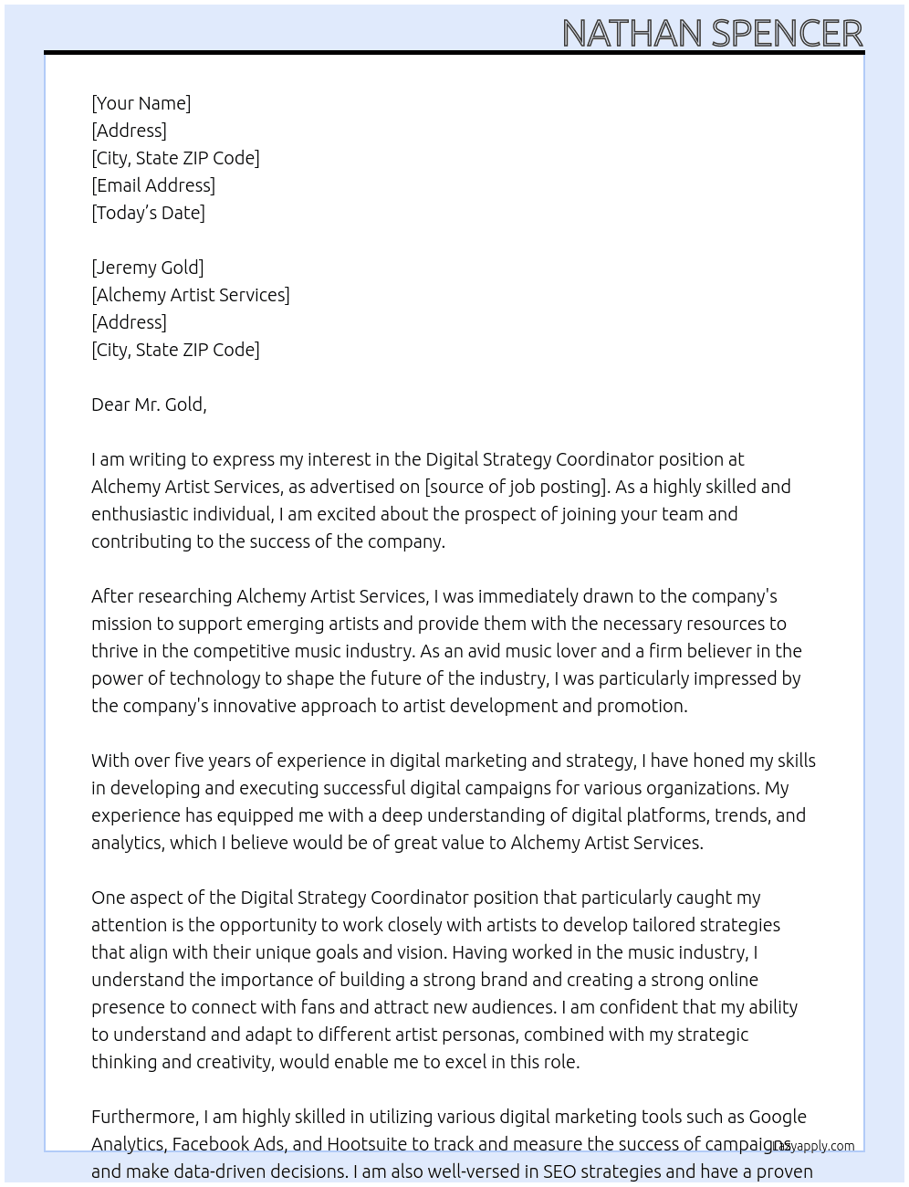 Digital Strategy Coordinator At Alchemy Artist Services Cover Letter
