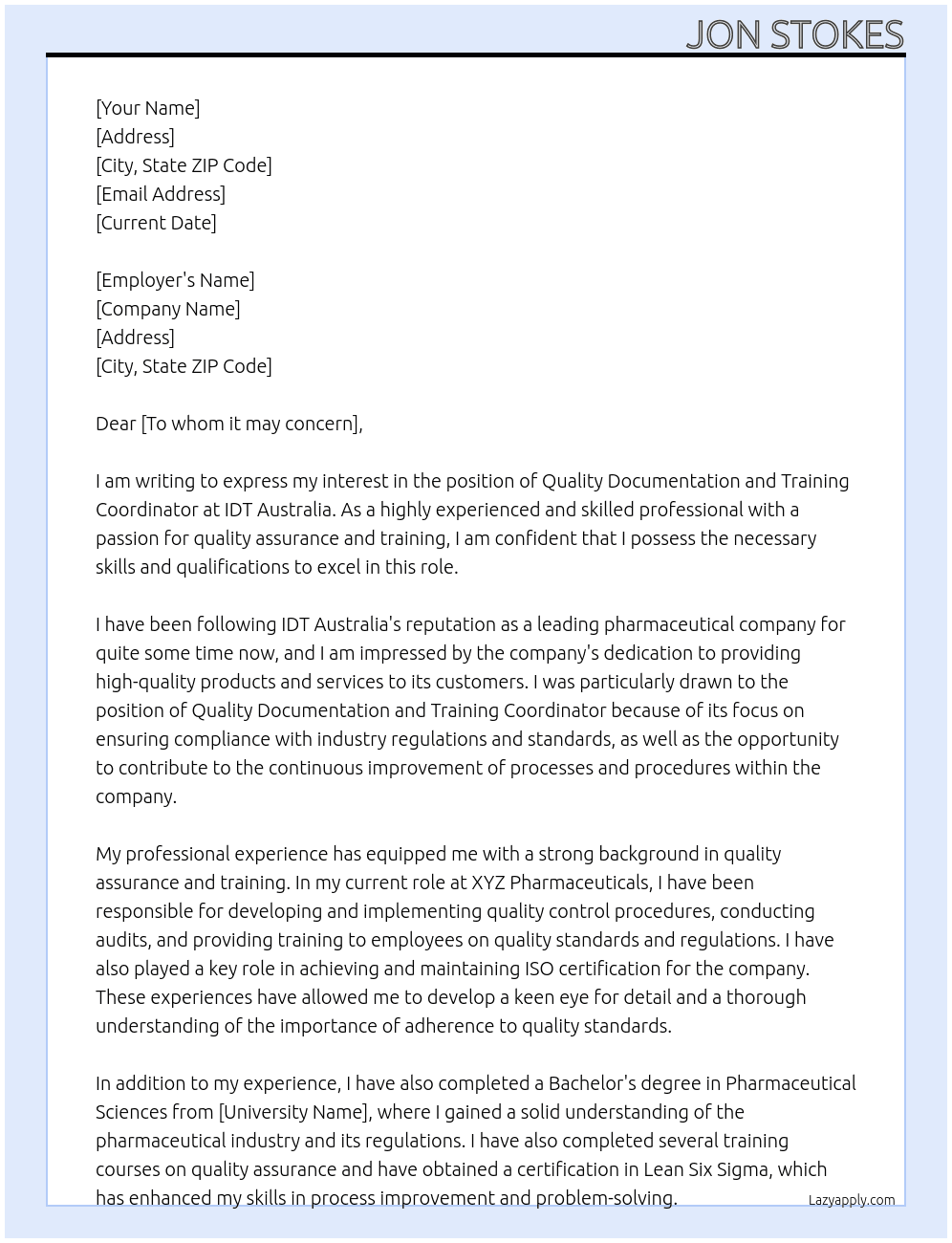 Quaility Documentation and Training Coordinator At IDT Australia Cover Letter