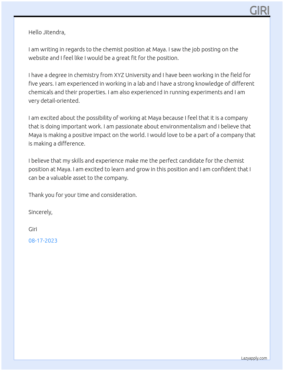 chemist At maya Cover Letter