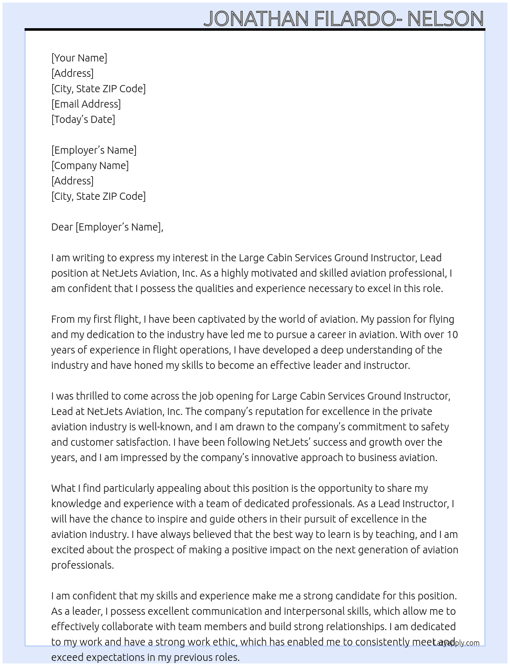 Large Cabin Services Ground Instructor, Lead At NetJets Aviation, Inc. Cover Letter