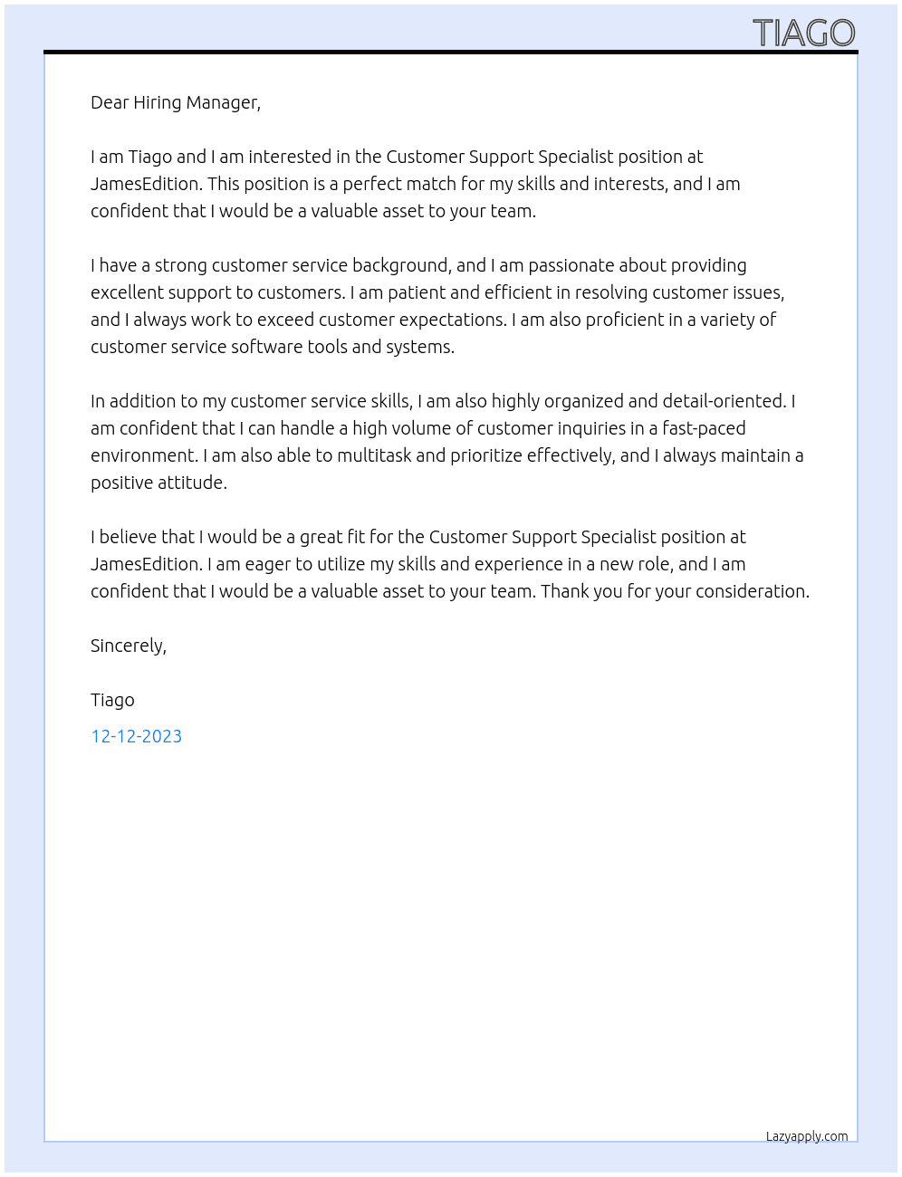 Customer Support Specialist At JamesEdition Cover Letter