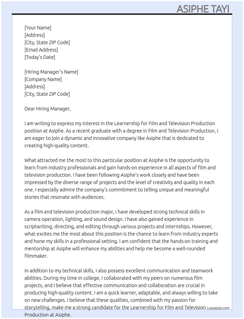 Learnership for Film and Television Production  At Asiphe  Cover Letter