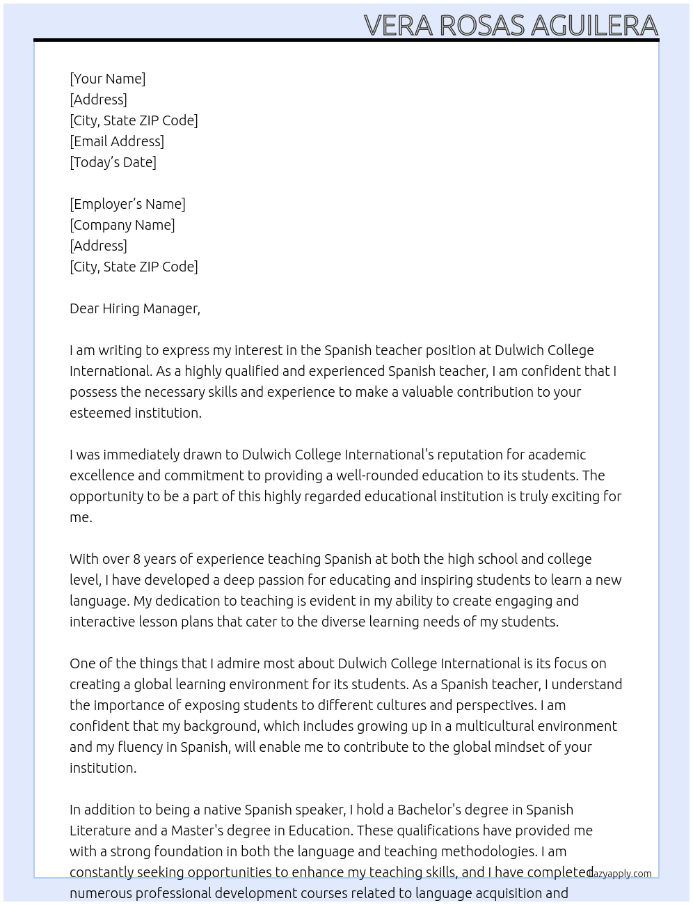 Spanish teacher At Dulwich College International Cover Letter