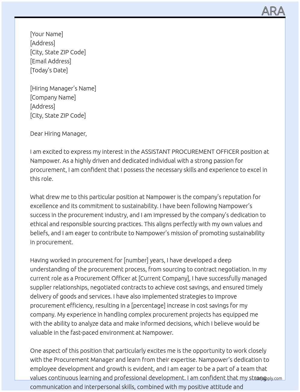 ASSISTANT PROCUREMENT OFFICER At Nampower Cover Letter