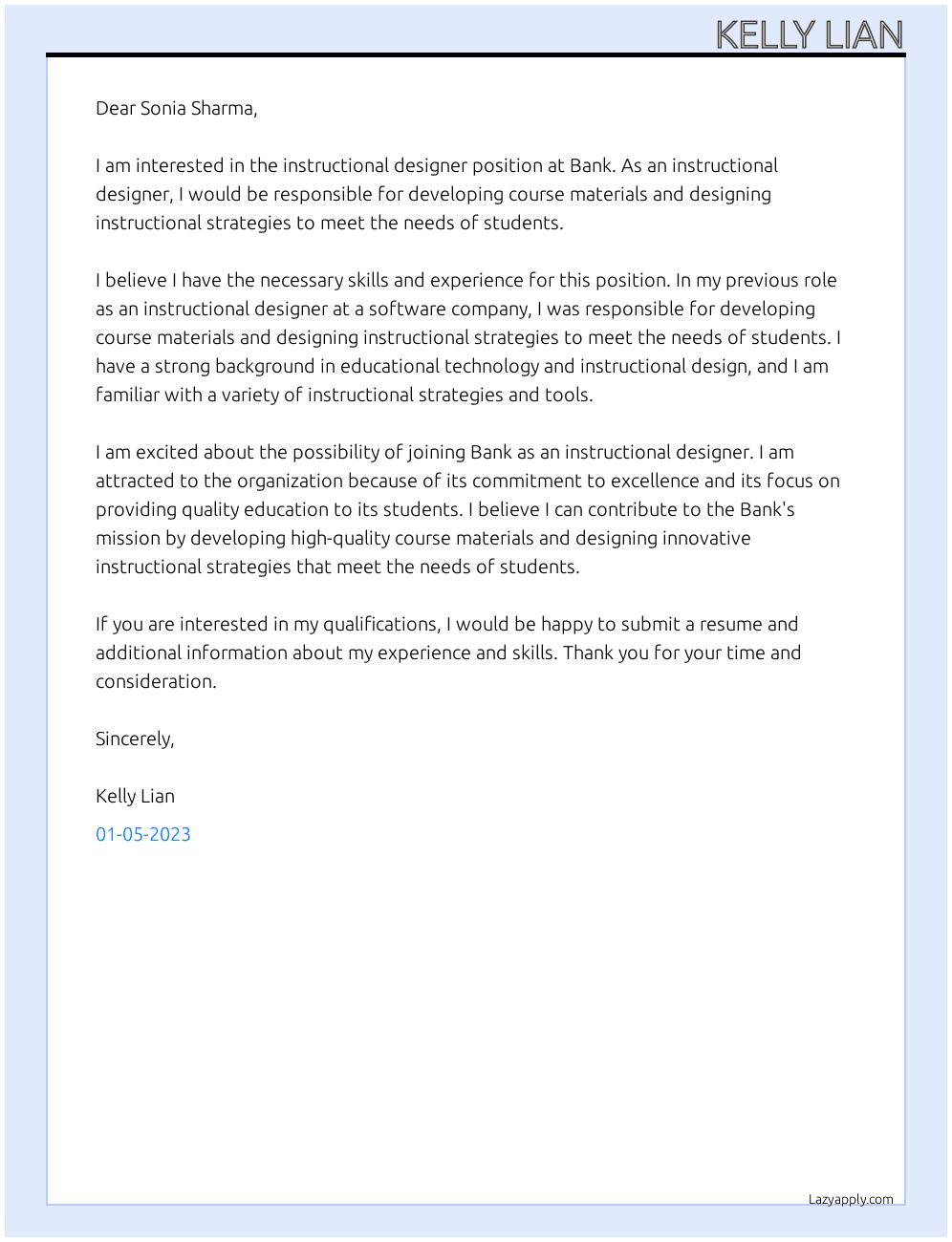 Instructional designer At Bank Cover Letter