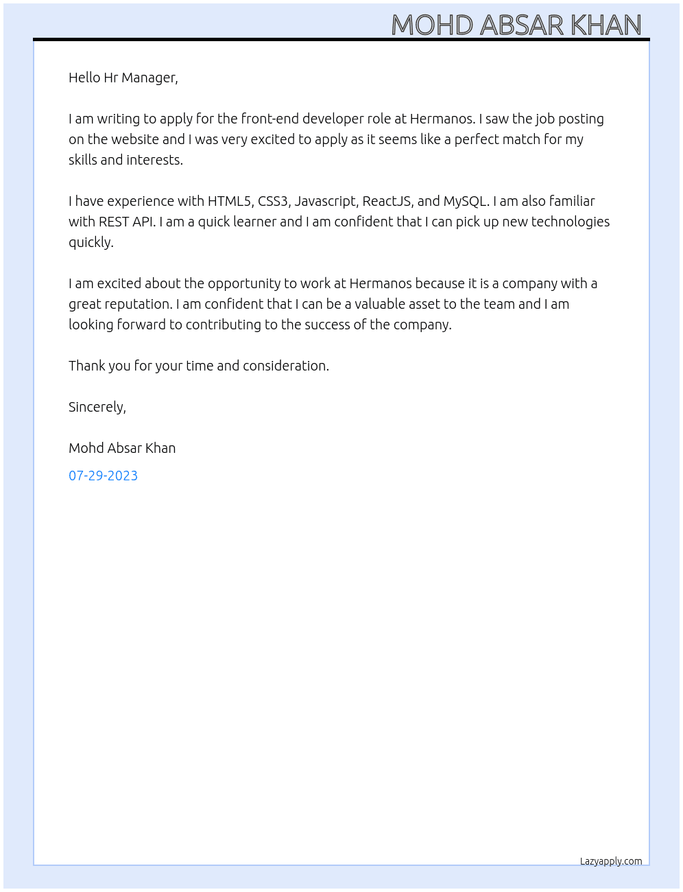 Front-end developer  At Hermanos Cover Letter