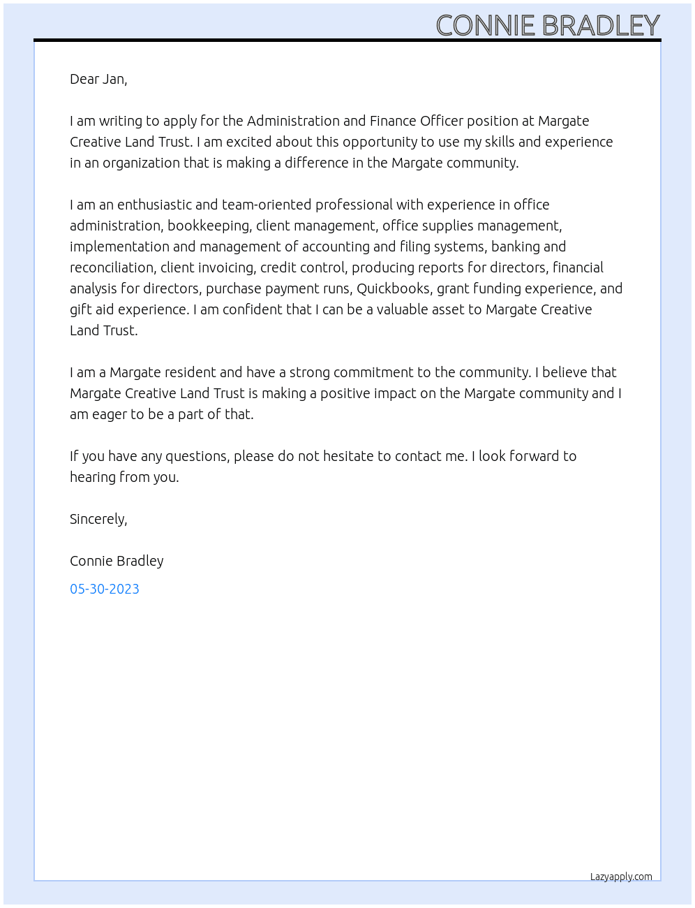 Administration and Finance Officer At Margate Creative Land Trust Cover Letter