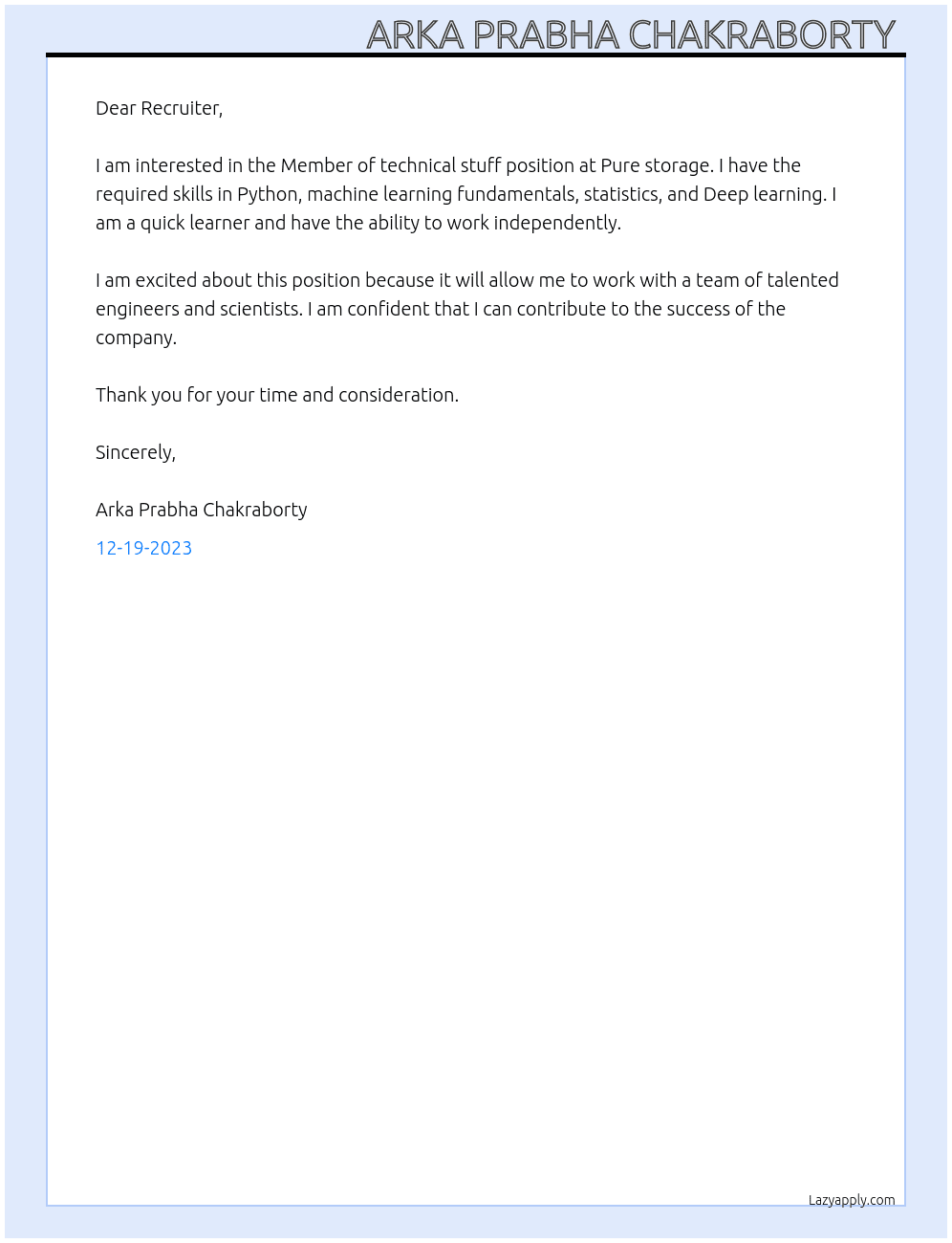 Member of technical stuff At Pure storage  Cover Letter