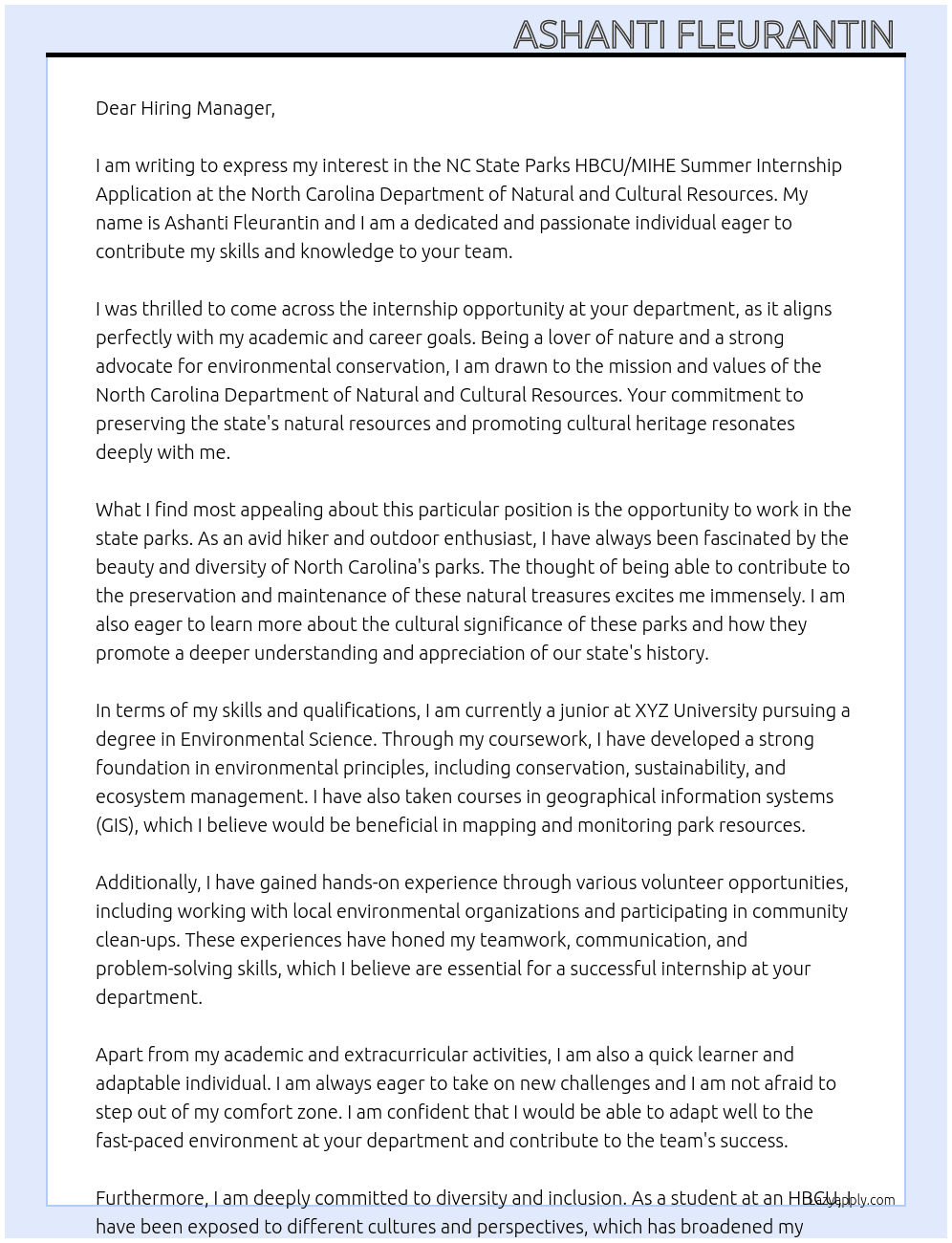 NC State Parks HBCU/MIHE Summer Internship Application At North Carolina department of natural and cultural resources  Cover Letter
