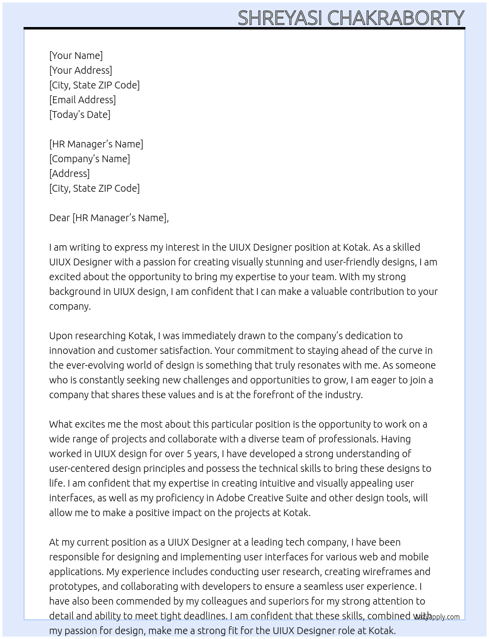 UIUX Designer At Kotak Cover Letter