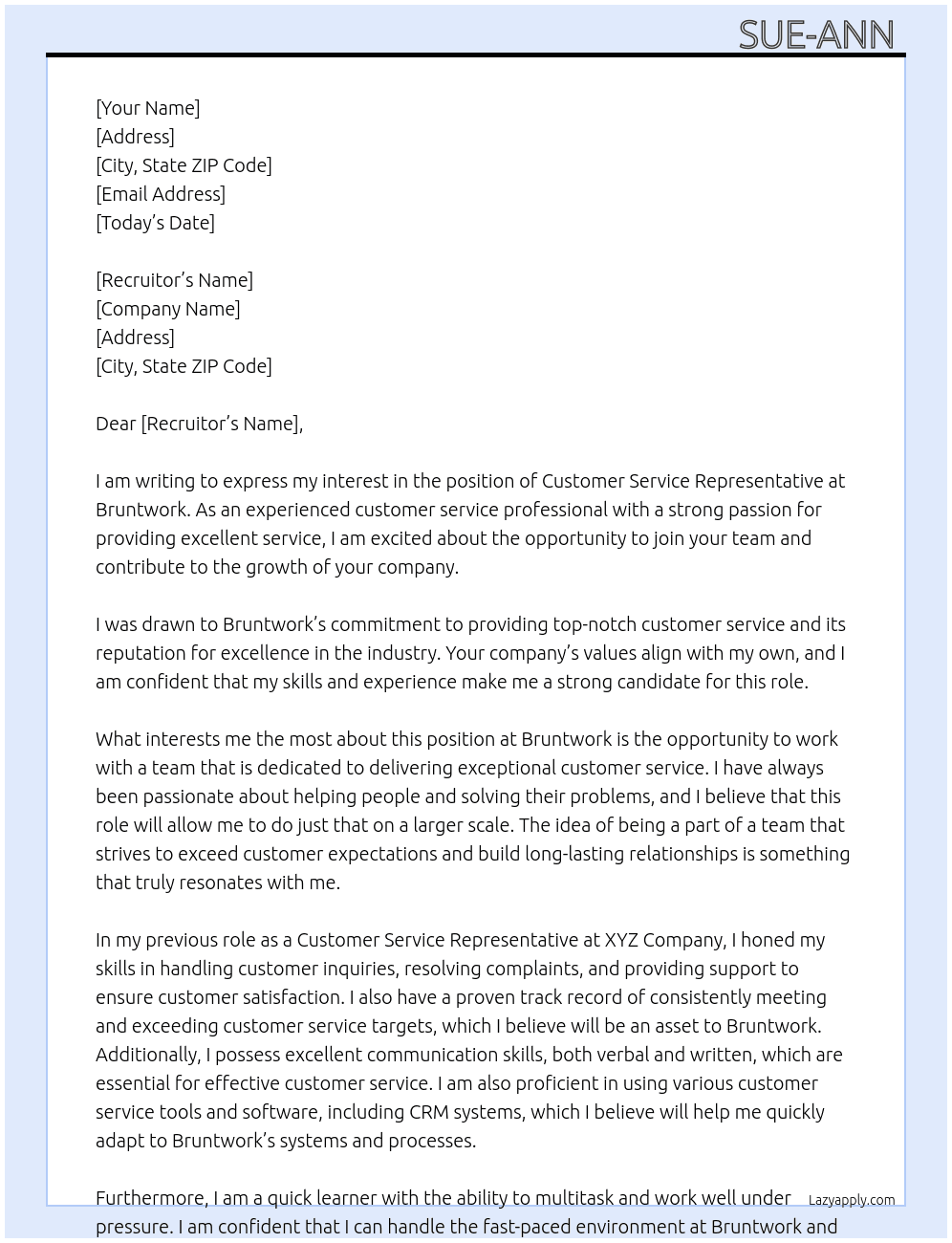 Customer service representative  At Bruntwork Cover Letter