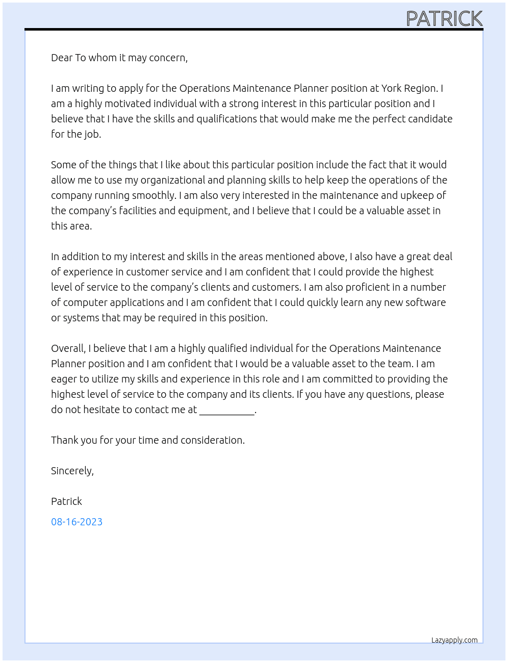 Operations Maintenance Planner At York Region Cover Letter