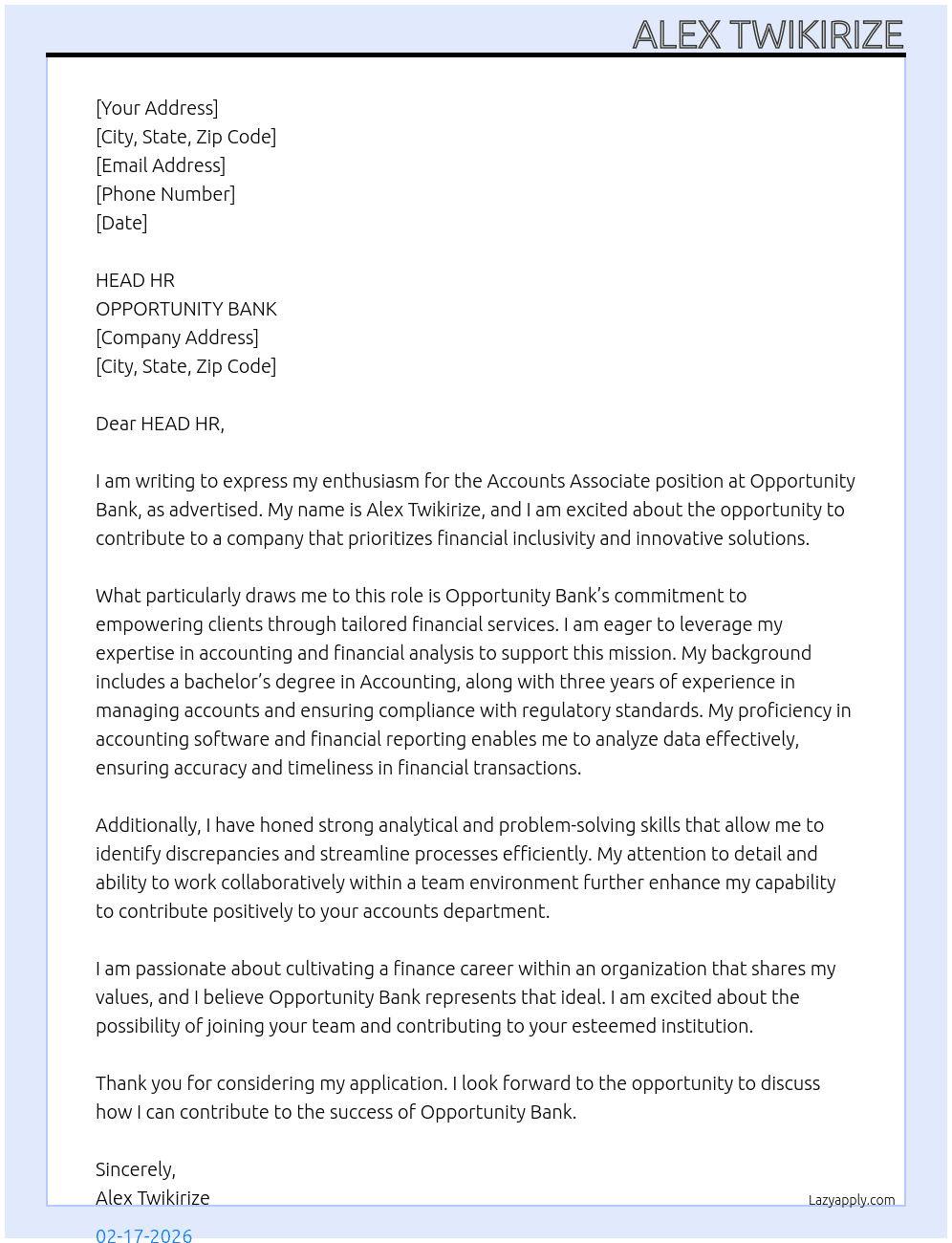 Accounts associate At OPPORTUNITY BANK Cover Letter