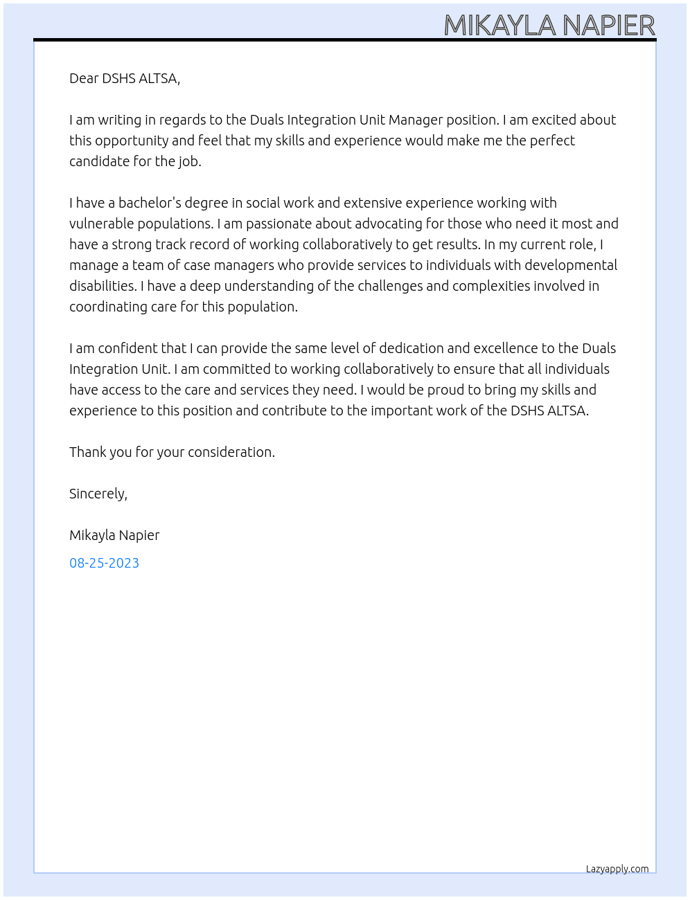 Duals Integration Unit Manager At DSHS ALTSA Cover Letter