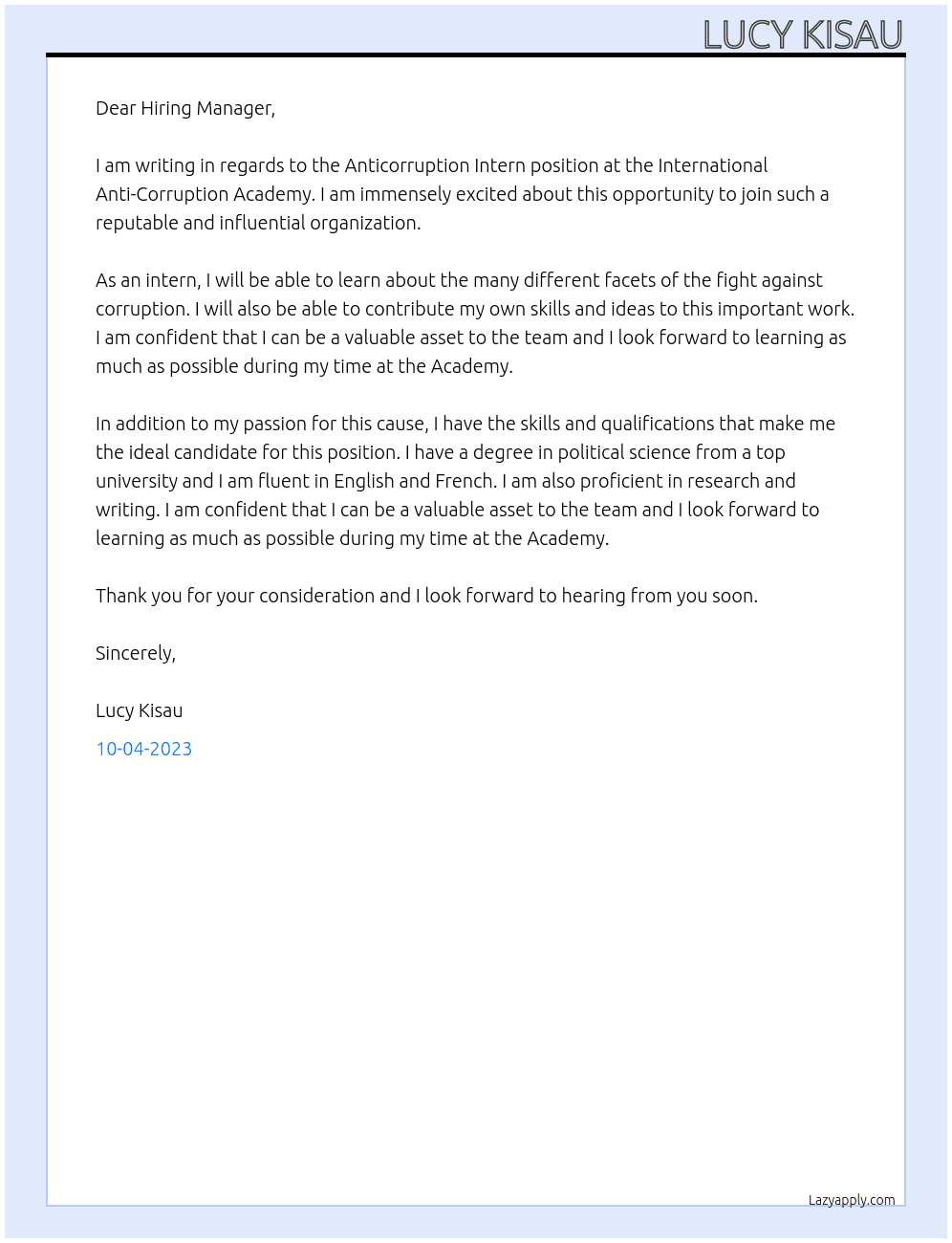 Anticorruption Intern At International Anti-Corruption Academy Cover Letter