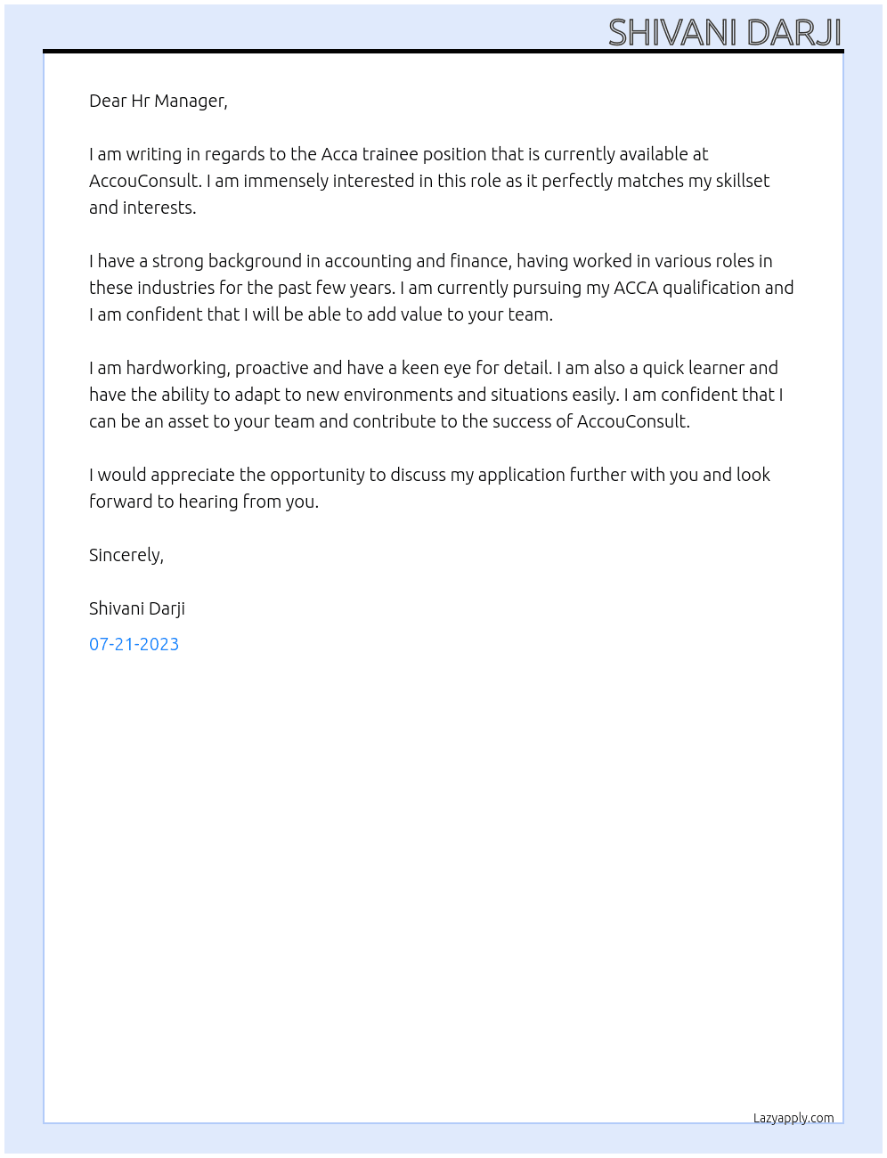 ACCA trainee At AccouConsult Cover Letter