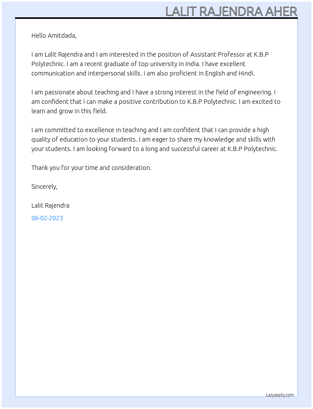 Assistant professor At K.B.P polytechnic, kopargaon Cover Letter