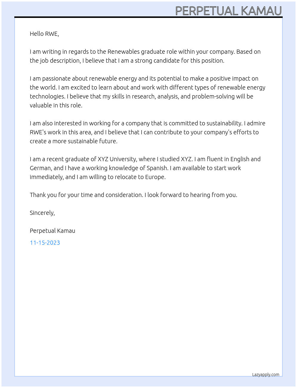 Renewables graduate  At RWE Cover Letter