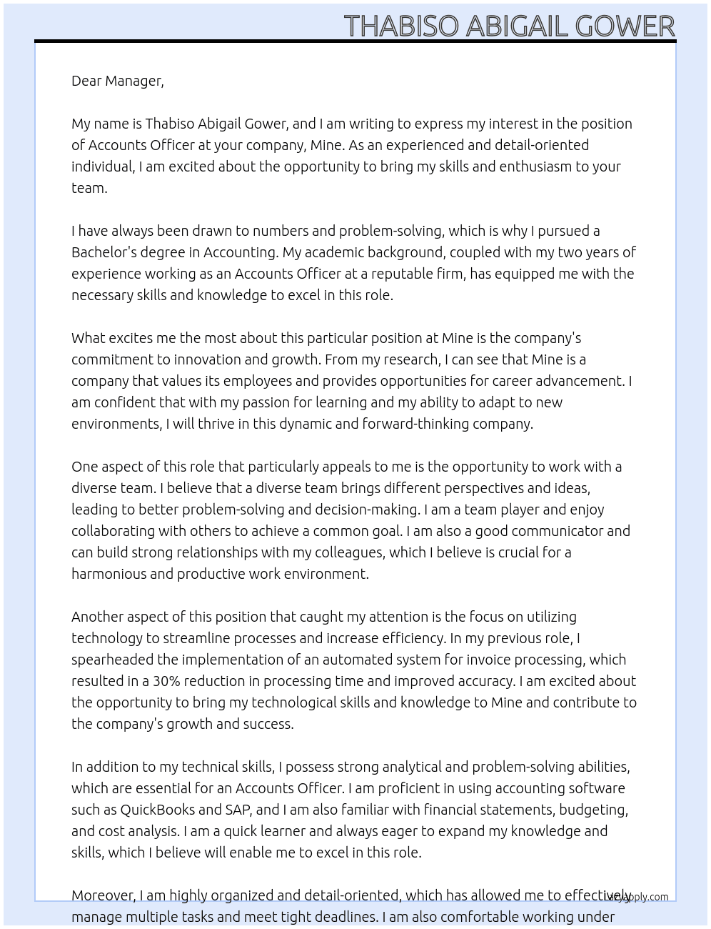 accounts officer At mine Cover Letter